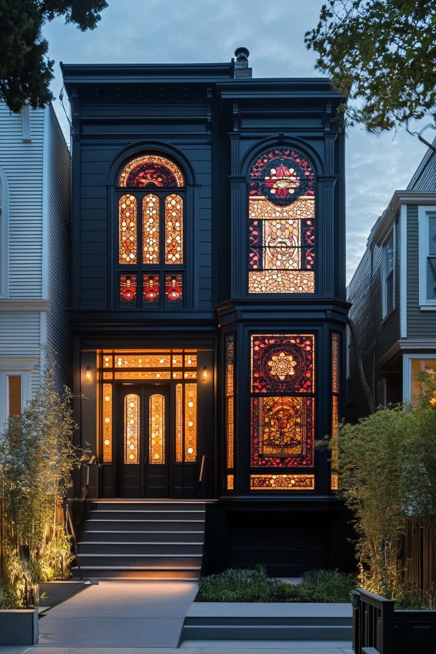 modern neo Victorian style house facade with modern stained glass patterns