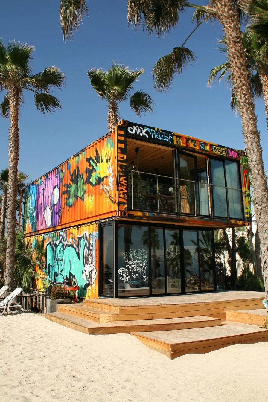 modern prefab small shipping container house with graffiti art facade glass windows beachfront with tall palms 1