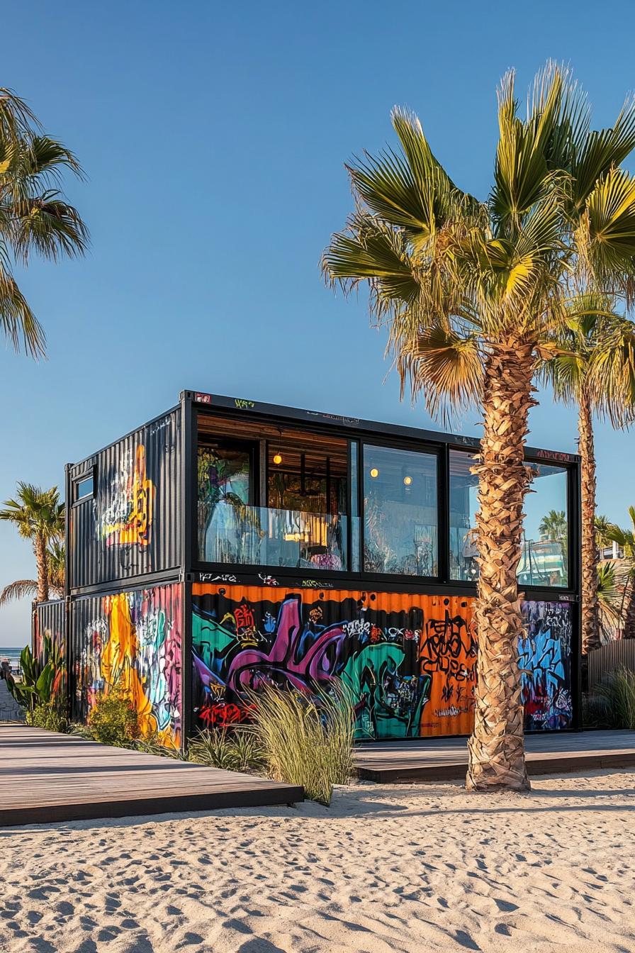 modern prefab small shipping container house with graffiti art facade glass windows beachfront with tall palms 2