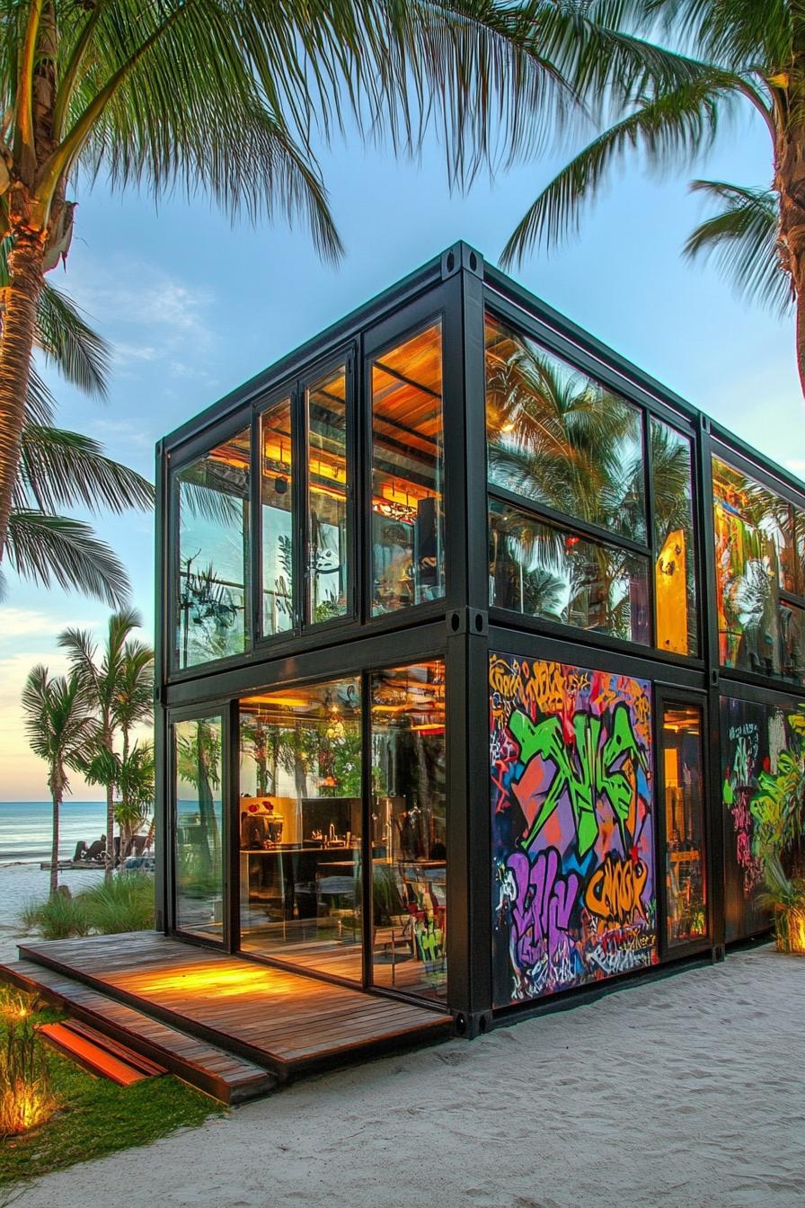 modern prefab small shipping container house with graffiti art facade glass windows beachfront with tall palms 3