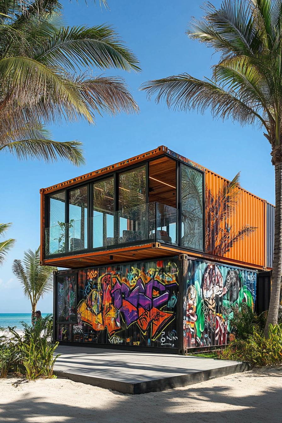 modern prefab small shipping container house with graffiti art facade glass windows beachfront with tall palms