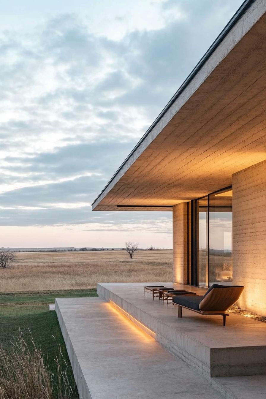 modern ranch house facade with porch with minimalist seating overlooking ranch fields 1