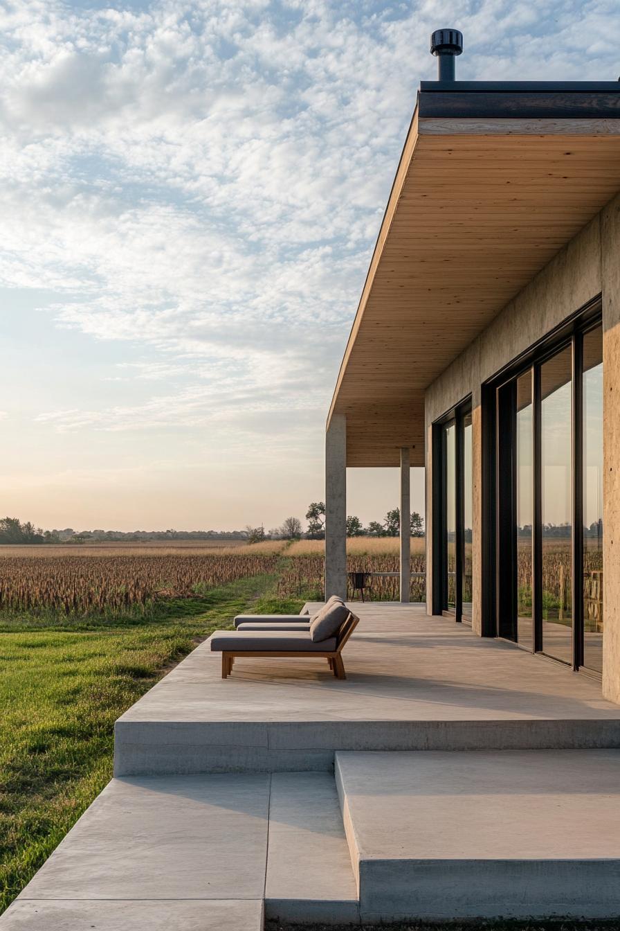 modern ranch house facade with porch with minimalist seating overlooking ranch fields 2