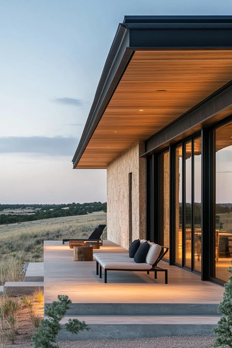 modern ranch house facade with porch with minimalist seating overlooking ranch fields 3