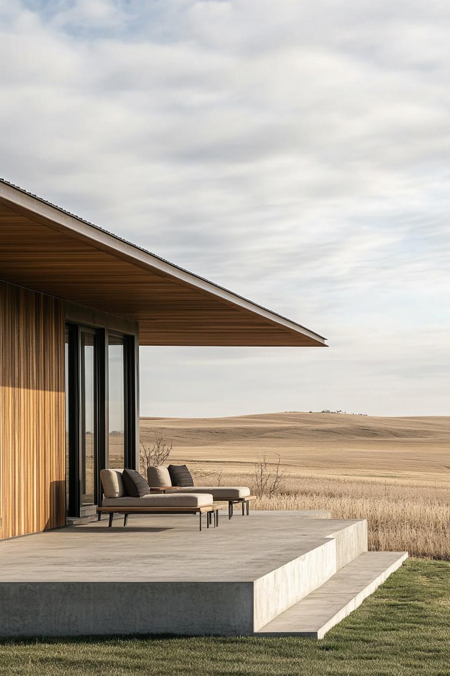 modern ranch house facade with porch with minimalist seating overlooking ranch fields