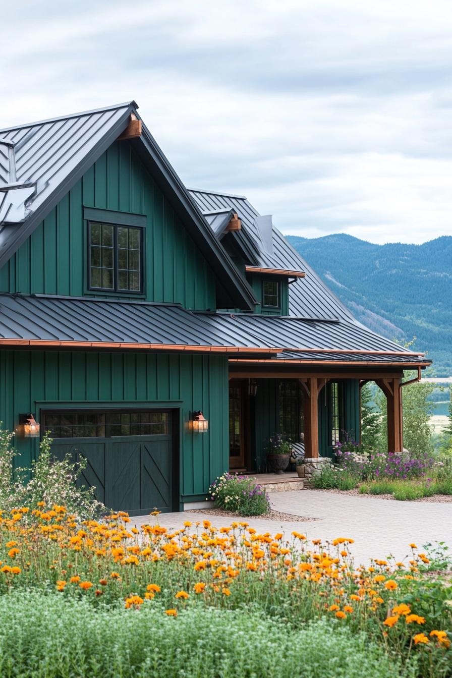 modern ranch style mountain house facade in emerald green siding dark grey roof with multiple gambrels copper gutters attahed garage with concrete 1