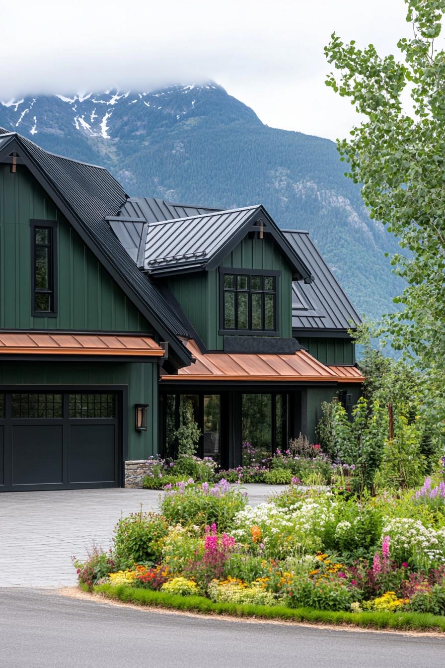 modern ranch style mountain house facade in emerald green siding dark grey roof with multiple gambrels copper gutters attahed garage with concrete 2