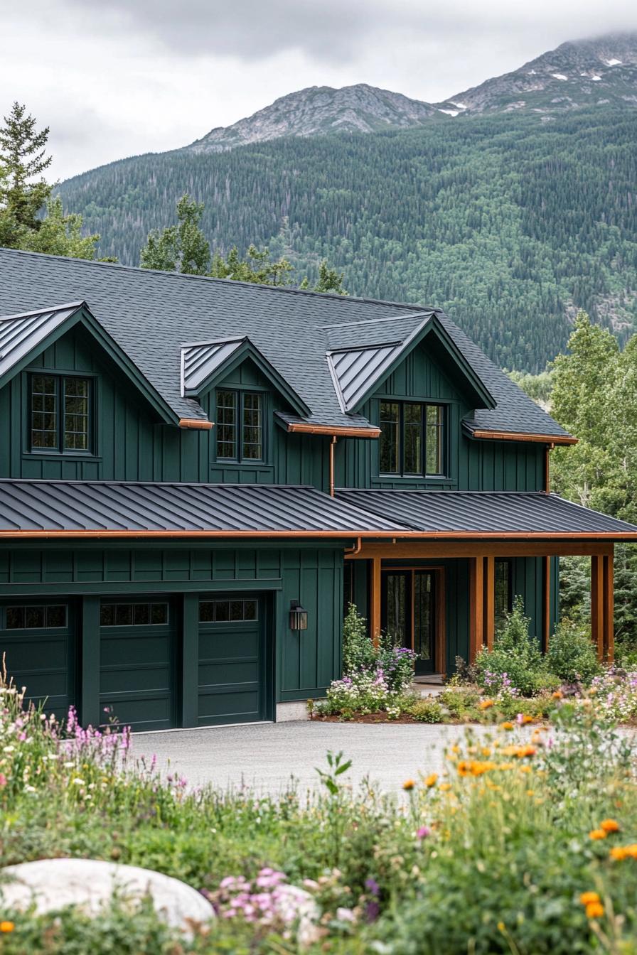 modern ranch style mountain house facade in emerald green siding dark grey roof with multiple gambrels copper gutters attahed garage with concrete 3