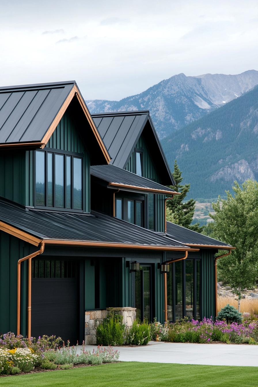 modern ranch style mountain house facade in emerald green siding dark grey roof with multiple gambrels copper gutters attahed garage with concrete