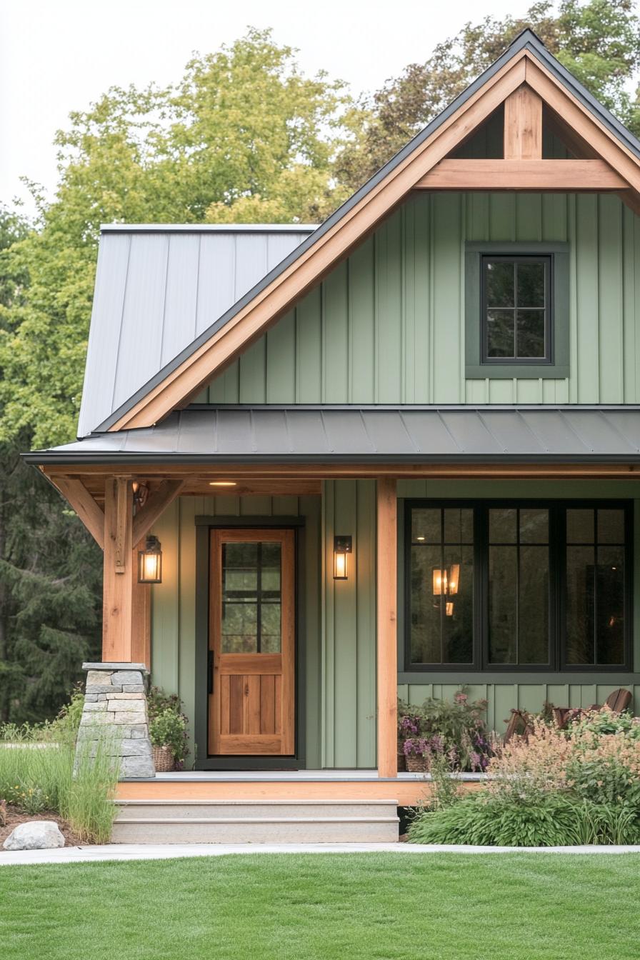 modern rustic small barn home with board and batten pale green siding natural wood stain trim porch with beams and steps lawn with shrubs 1