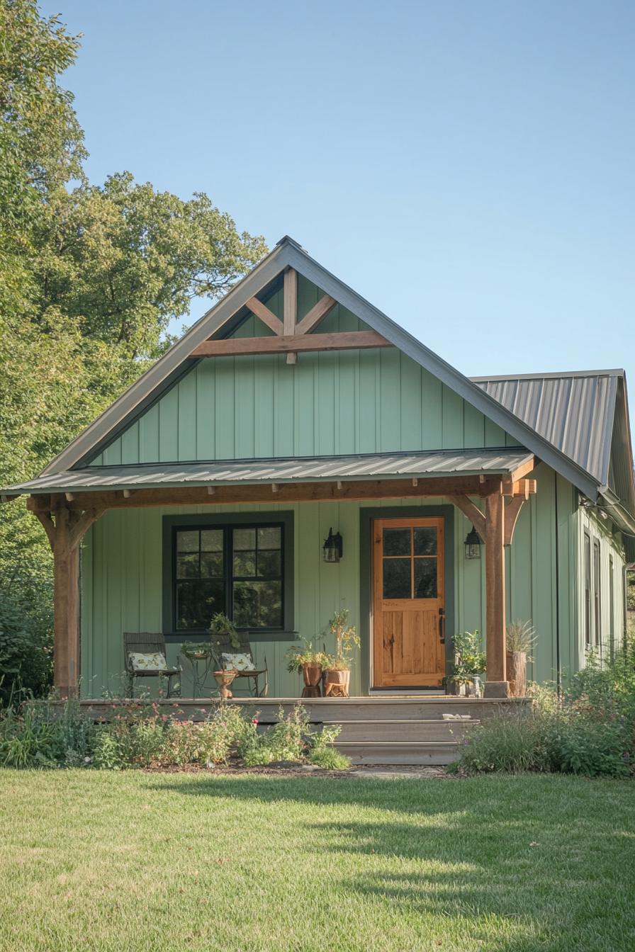 modern rustic small barn home with board and batten pale green siding natural wood stain trim porch with beams and steps lawn with shrubs