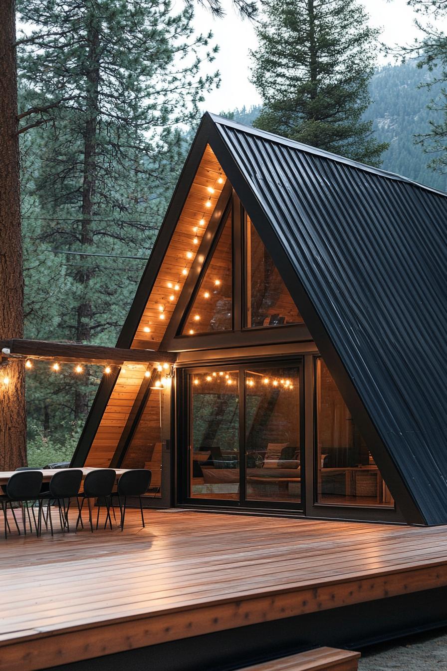 modern tiny a frame cabin on a large wooden deck black metal roof reclaimed wood siding eave and porch cover clean modern table with chairs v 6.1 1