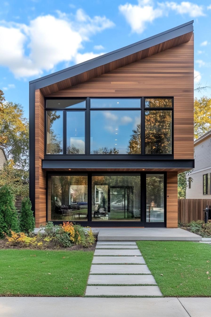 modern villa geometric facade with wood siding black metal frame large glass windows concrete paved yard with lawn and shrubs 1