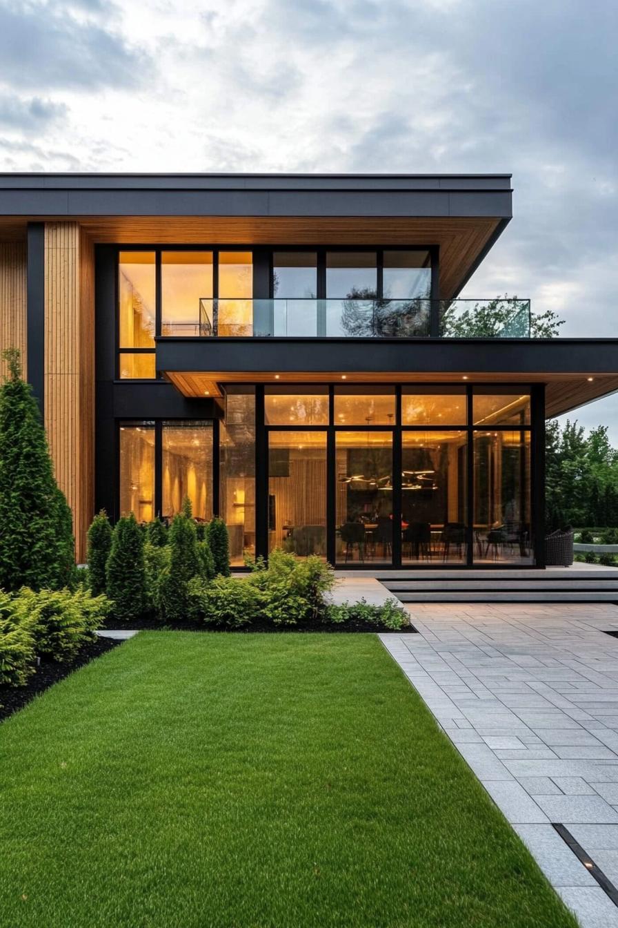 modern villa geometric facade with wood siding black metal frame large glass windows concrete paved yard with lawn and shrubs