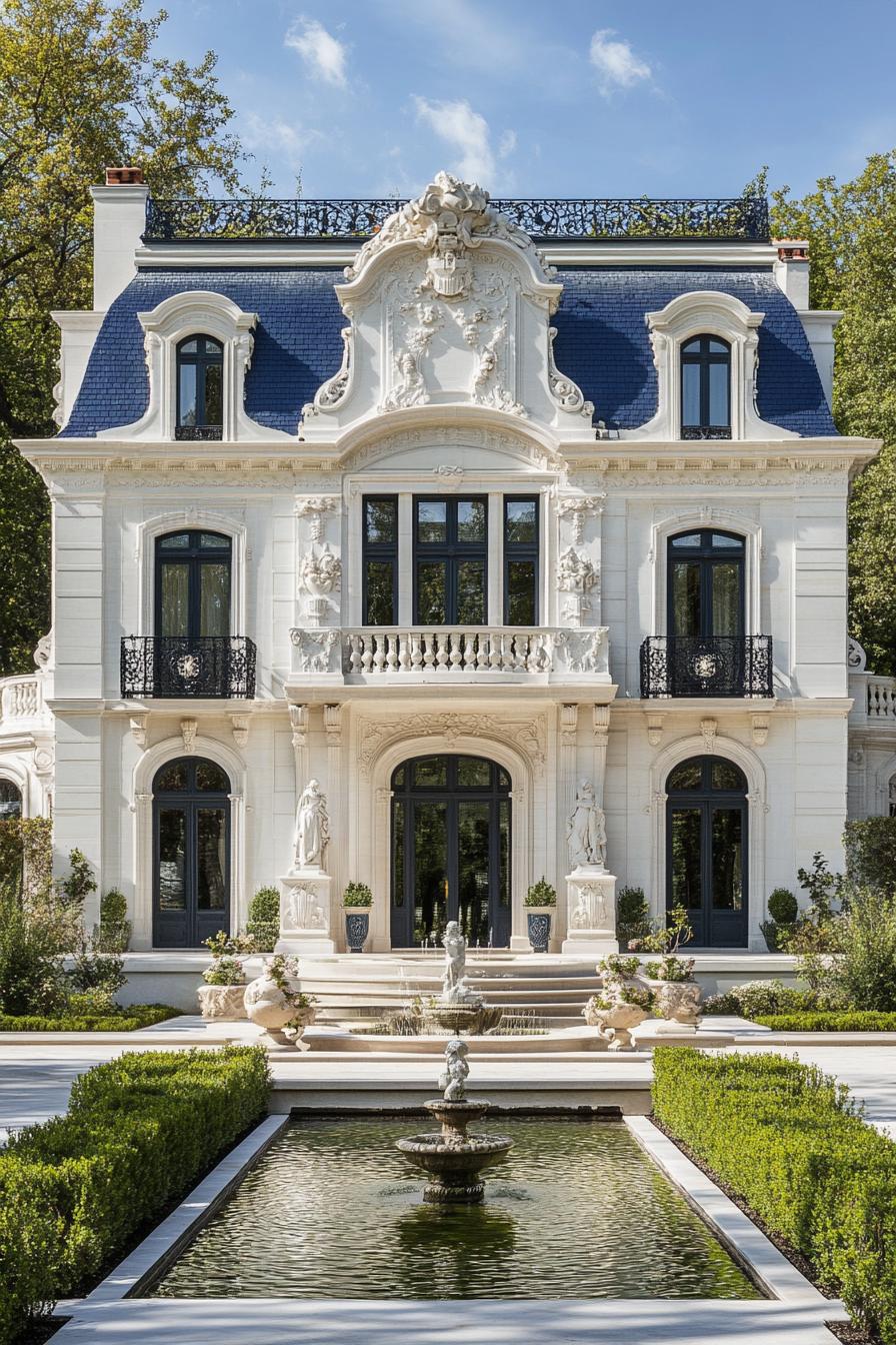 modern white french mansions with ornate marble facade with balconies dark blue roof with marble statues front yard with shrubs and center fountain