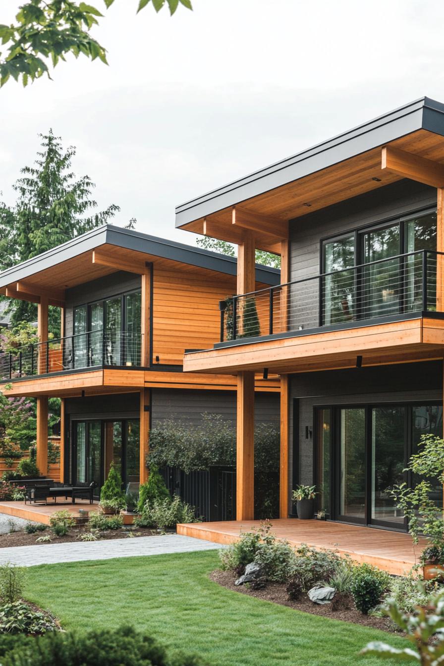 modern wood duplex house facade with larges roof eaves and large geometric deck cover connecting the two duplex house sections 1