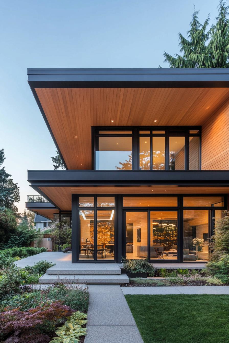 modern wood duplex house facade with larges roof eaves and large geometric deck cover connecting the two duplex house sections 2