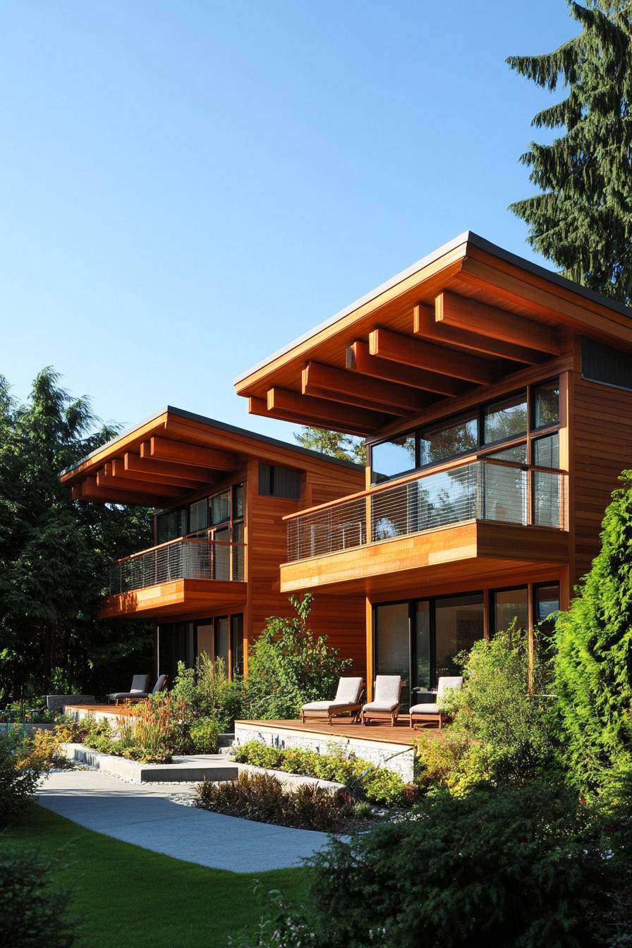 modern wood duplex house facade with larges roof eaves and large geometric deck cover connecting the two duplex house sections 3