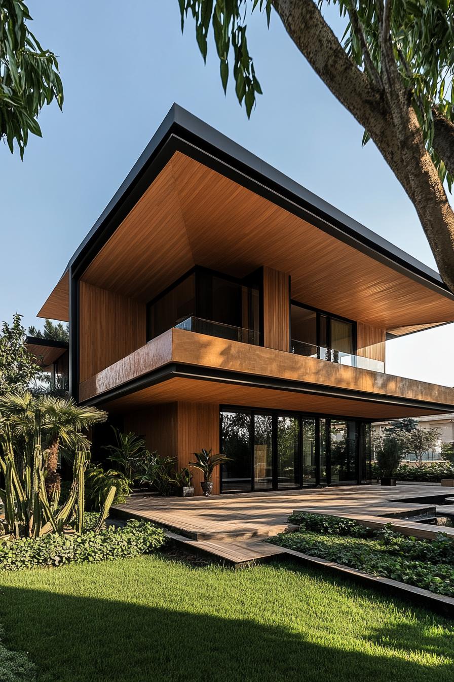 modern wood duplex house facade with larges roof eaves and large geometric deck cover connecting the two duplex house sections