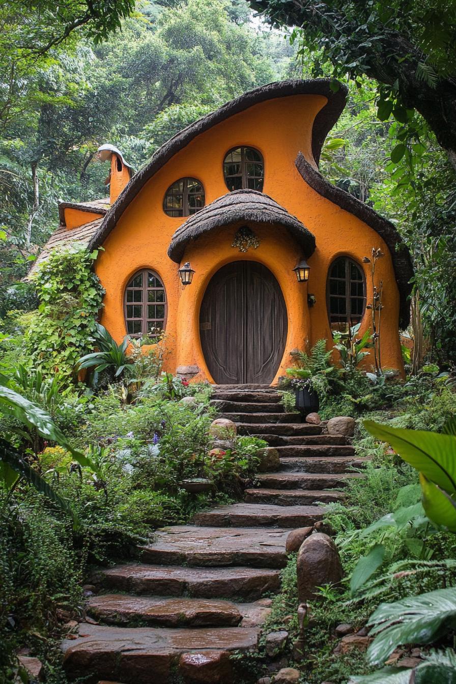 morange fairytale house with curvy roof and rounded windows arched door with steps lush overgrown garden lush forest in the background 1