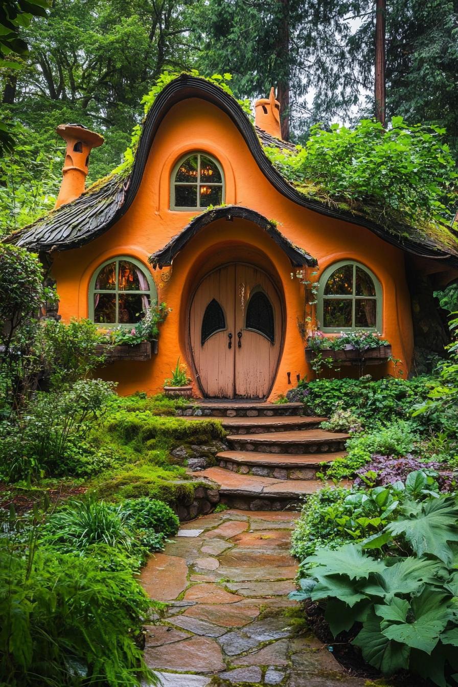 morange fairytale house with curvy roof and rounded windows arched door with steps lush overgrown garden lush forest in the background 2