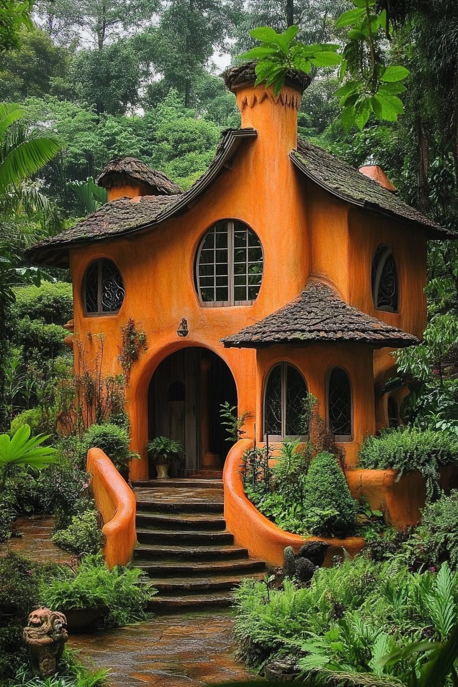 morange fairytale house with curvy roof and rounded windows arched door with steps lush overgrown garden lush forest in the background 3