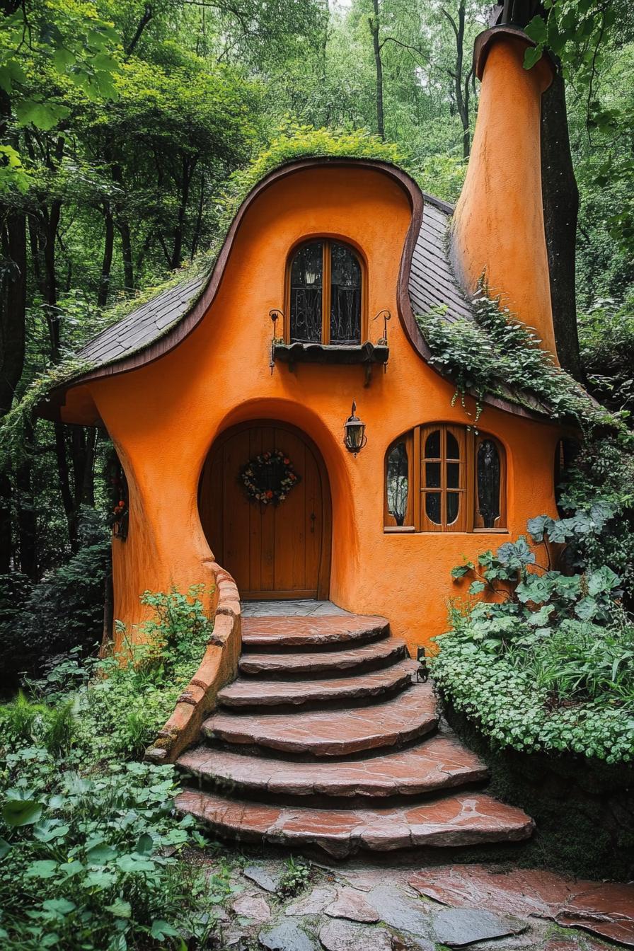 morange fairytale house with curvy roof and rounded windows arched door with steps lush overgrown garden lush forest in the background