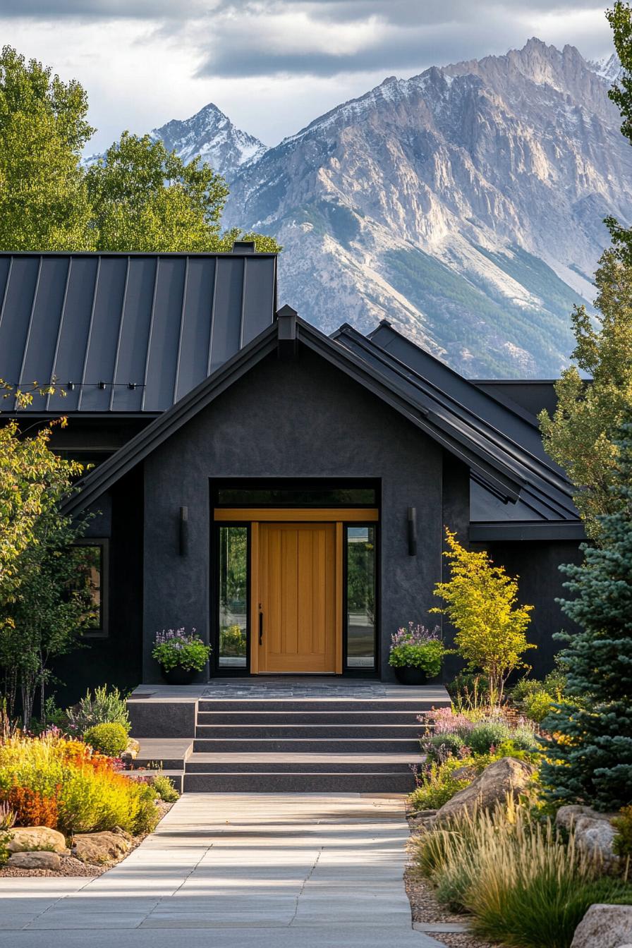 mountain house facade with double a frame roof charcoal stucco facade black metal roof natural wood front door with steps and potted plants paved 1