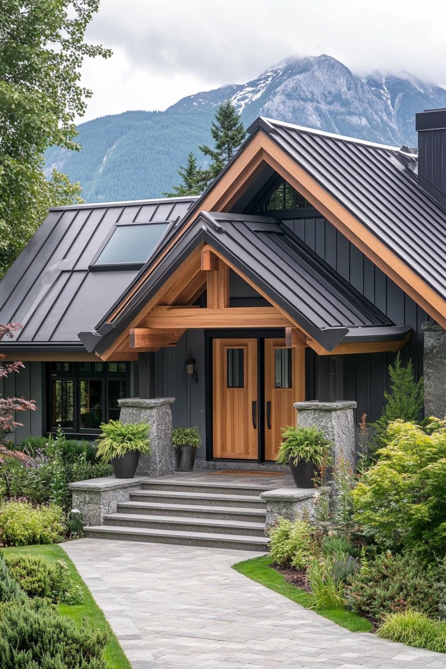 mountain house facade with double a frame roof charcoal stucco facade black metal roof natural wood front door with steps and potted plants paved 2