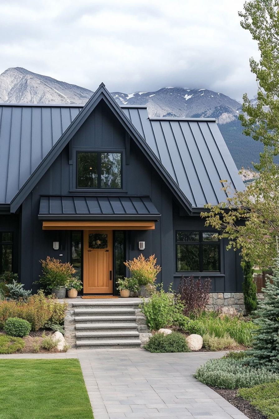 mountain house facade with double a frame roof charcoal stucco facade black metal roof natural wood front door with steps and potted plants paved 3