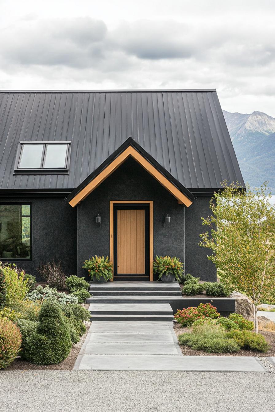 mountain house facade with double a frame roof charcoal stucco facade black metal roof natural wood front door with steps and potted plants paved