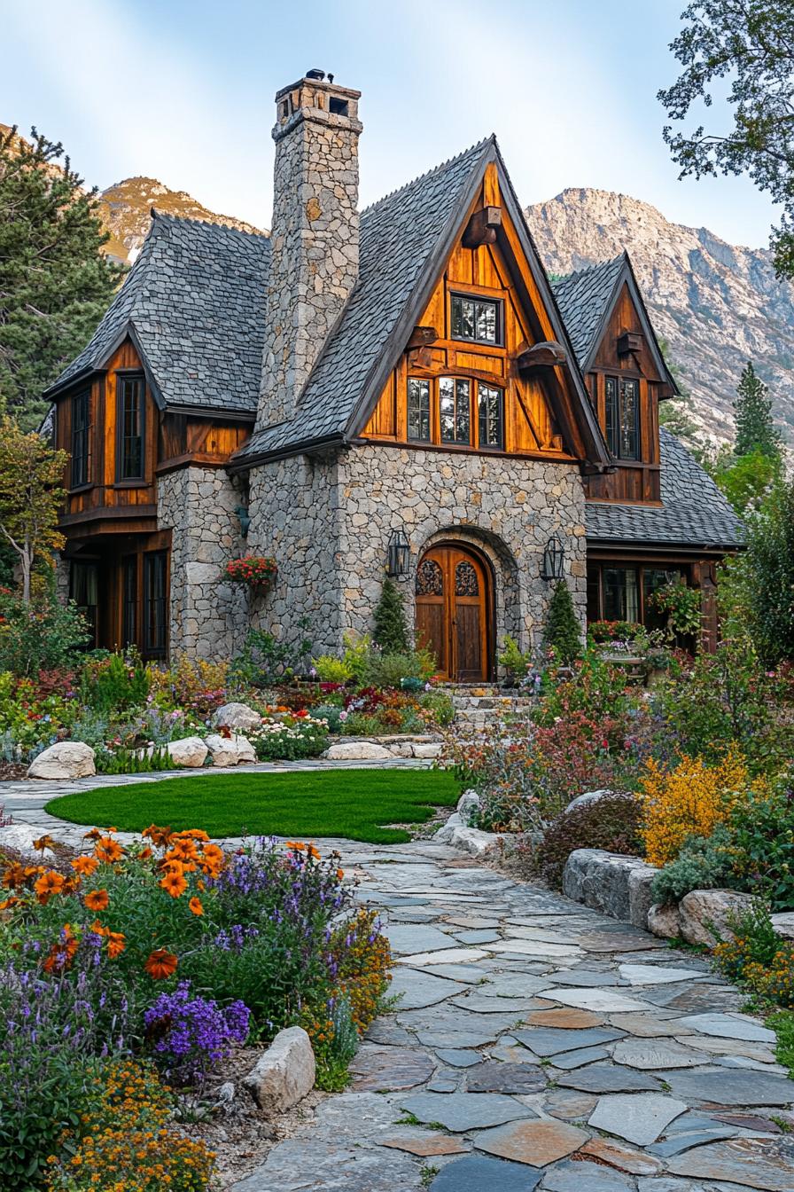 mountain house stone facade with cobblestone chimney roof with ornate wood accents frontyard with cobblestone path and a garden with rocks flowers trees imposing mountain in the background 1