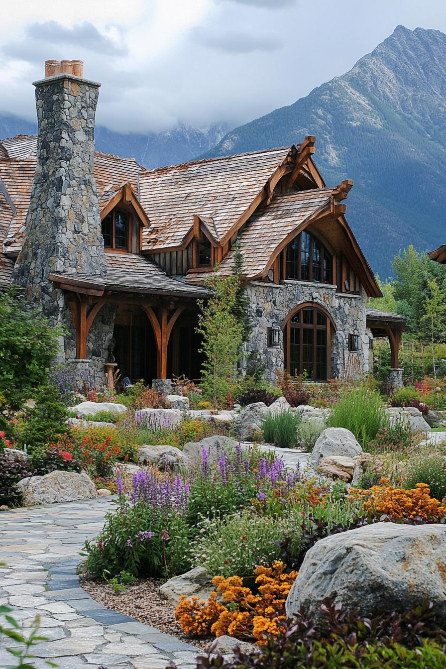 mountain house stone facade with cobblestone chimney roof with ornate wood accents frontyard with cobblestone path and a garden with rocks flowers trees imposing mountain in the background 2