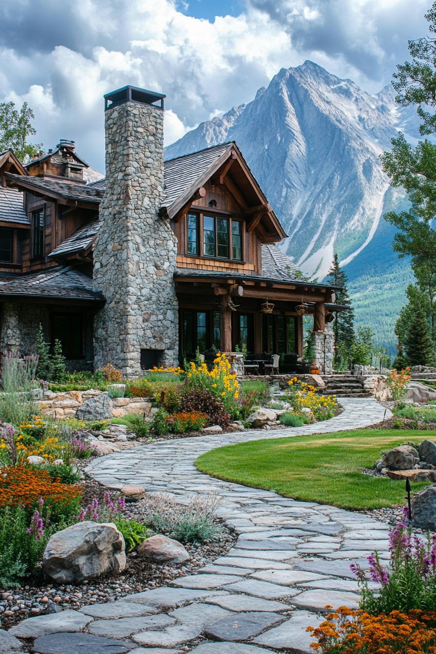 mountain house stone facade with cobblestone chimney roof with ornate wood accents frontyard with cobblestone path and a garden with rocks flowers trees imposing mountain in the background 3