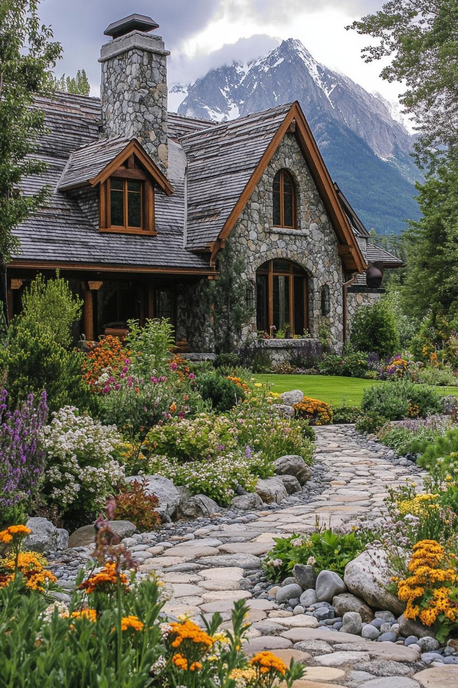 mountain house stone facade with cobblestone chimney roof with ornate wood accents frontyard with cobblestone path and a garden with rocks flowers trees imposing mountain in the background