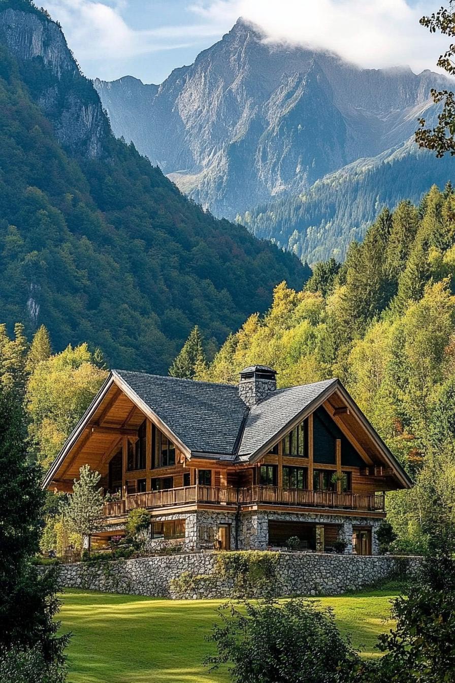 mountain house with imposing forest mountains in the background 2