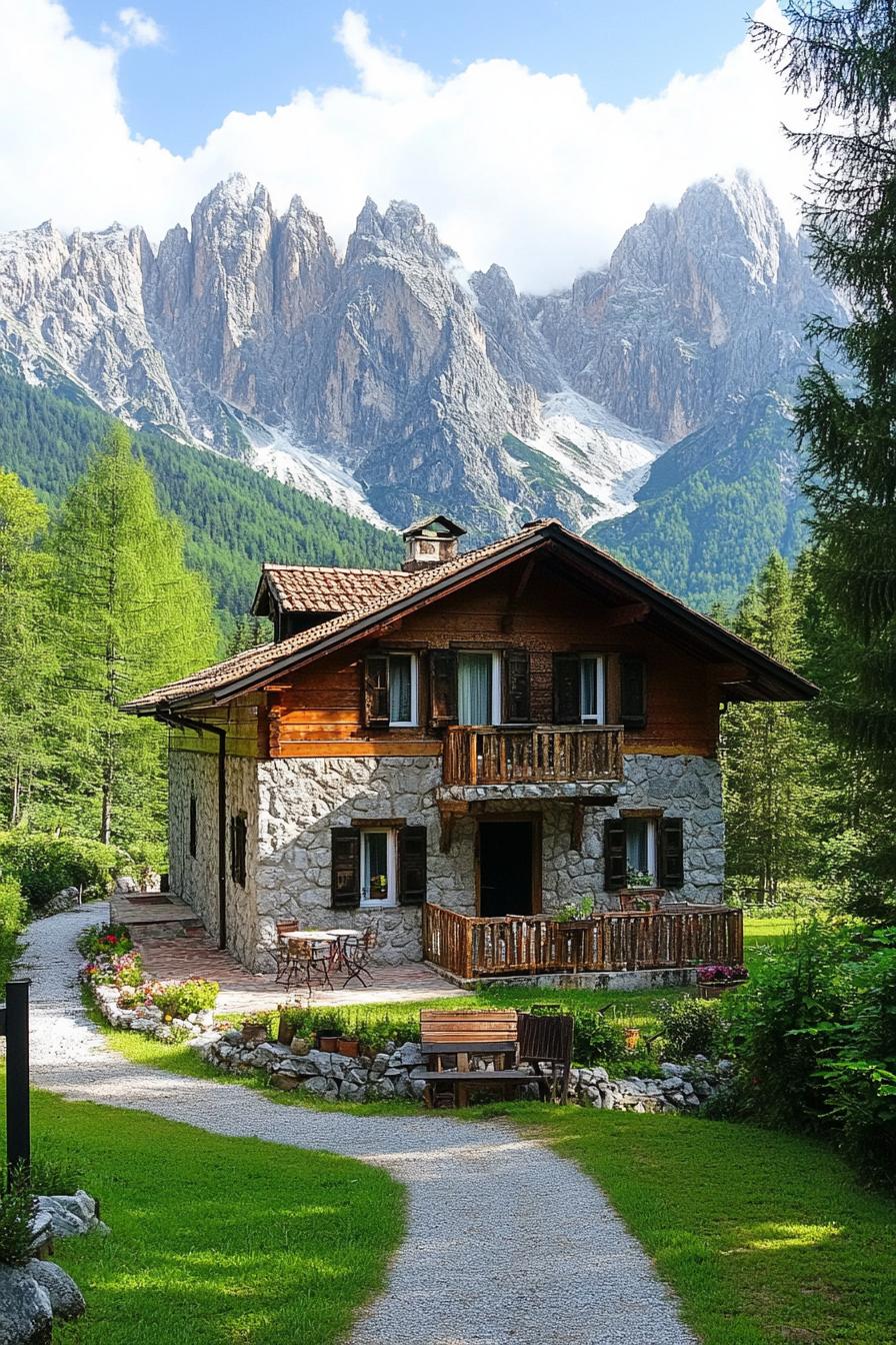 mountain house with imposing forest mountains in the background 3