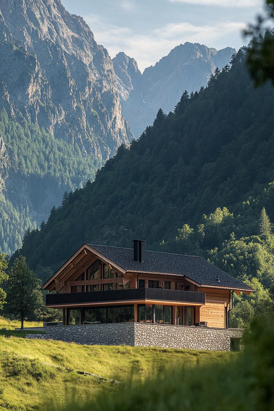 mountain house with imposing forest mountains in the background