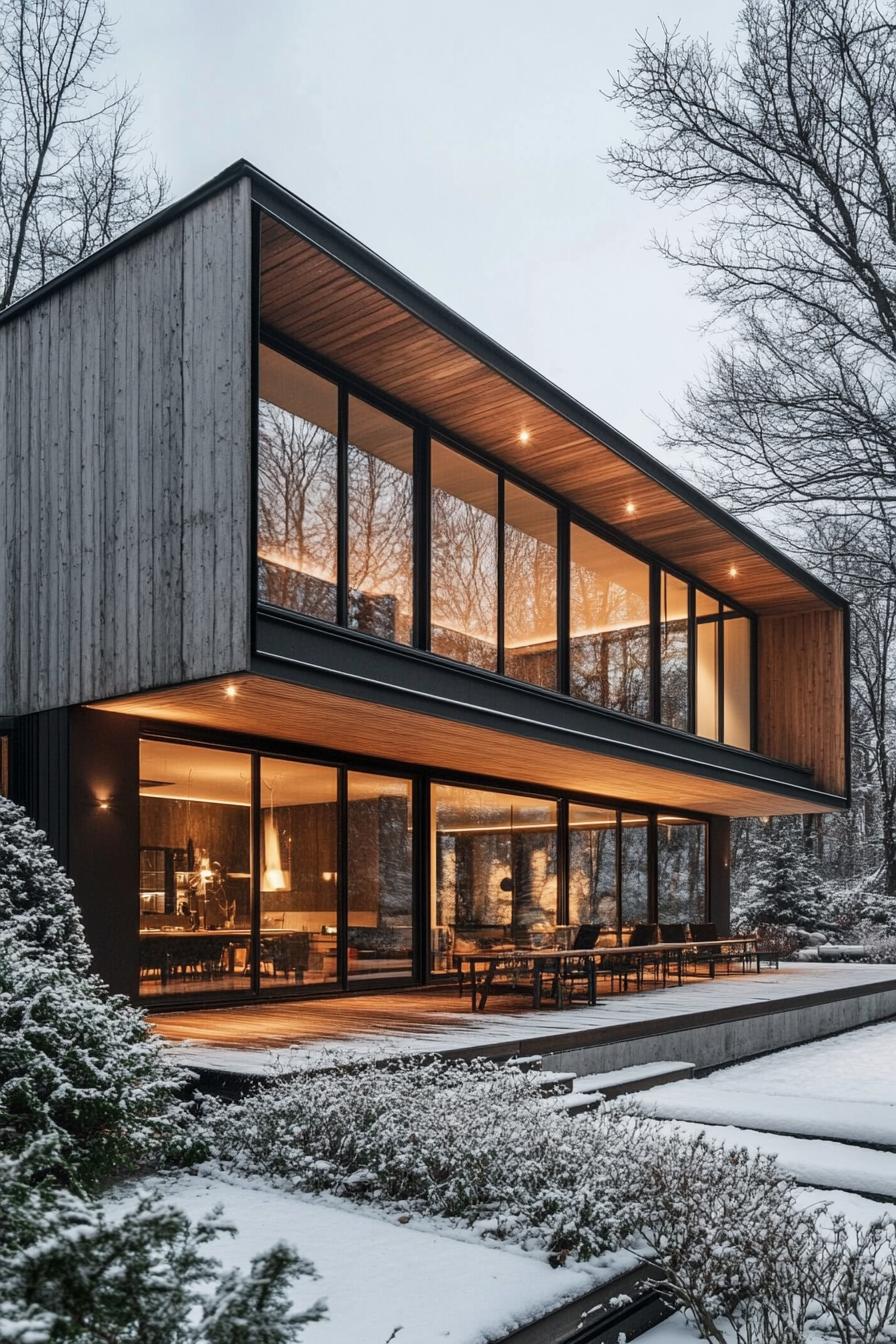 nordic modern house with gable roof natural wood and concrete siding full wall windows wooden deck shrubs winter forest 2