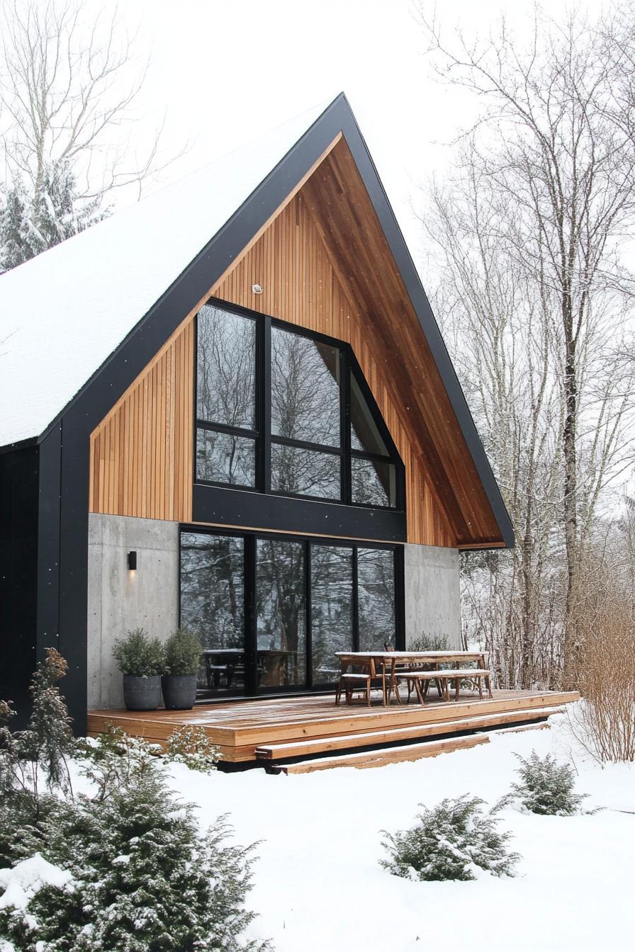 nordic modern house with gable roof natural wood and concrete siding full wall windows wooden deck shrubs winter forest 3