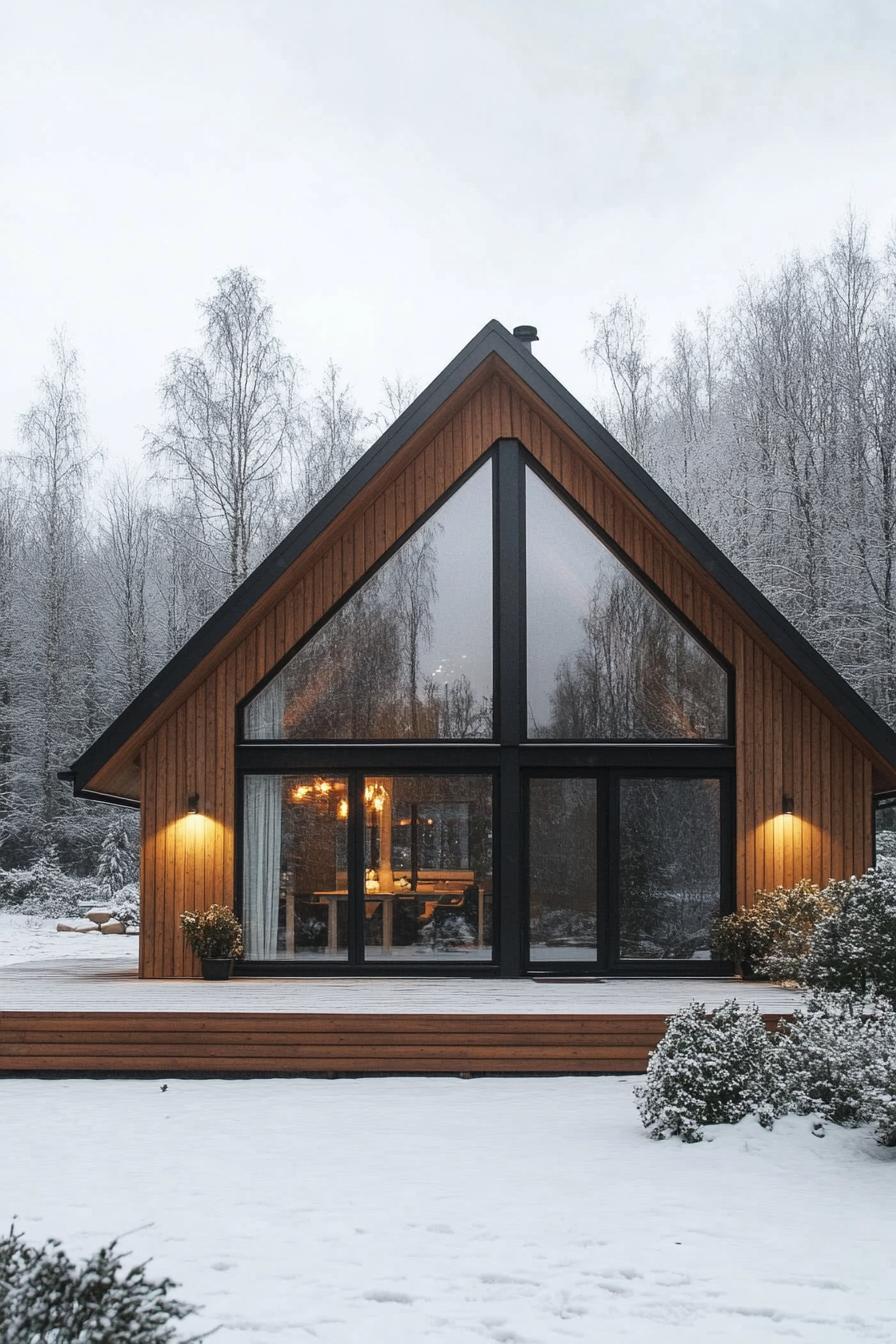 nordic modern house with gable roof natural wood and concrete siding full wall windows wooden deck shrubs winter forest