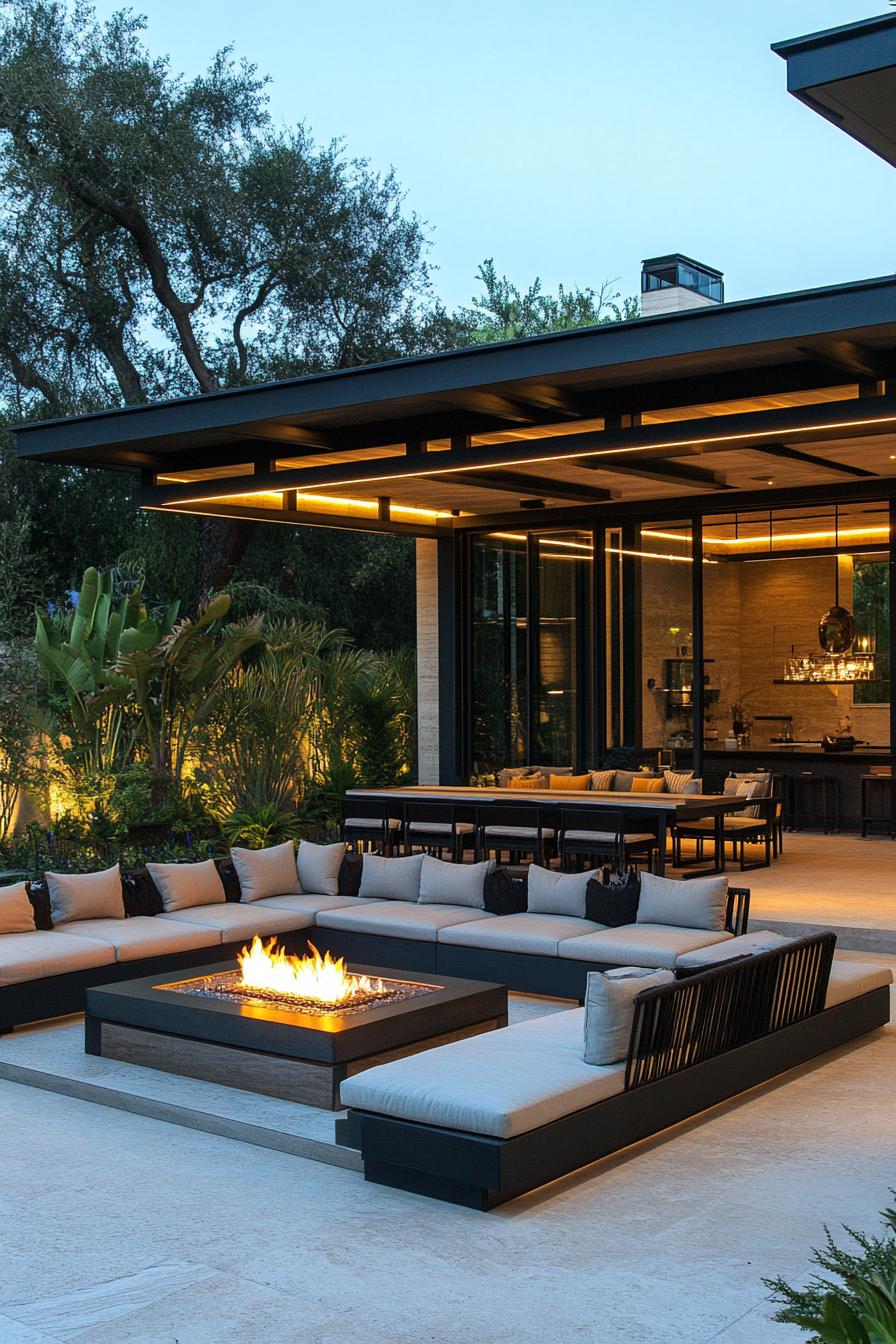 outdoor lounge area of a modern luxury estate connected to indoors with glass doors covered area with LED lit ceiling modular seating around a gas 1