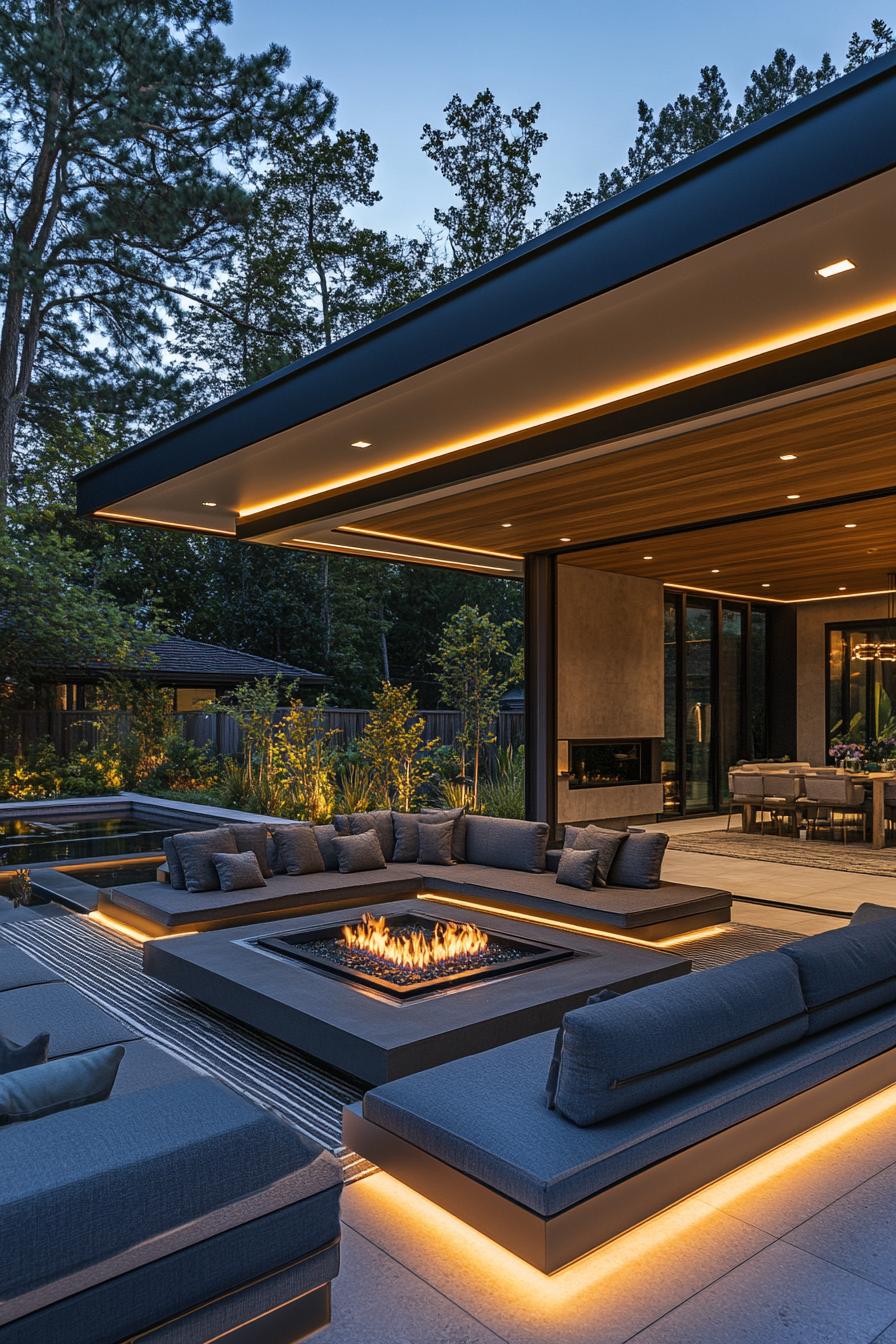 outdoor lounge area of a modern luxury estate connected to indoors with glass doors covered area with LED lit ceiling modular seating around a gas