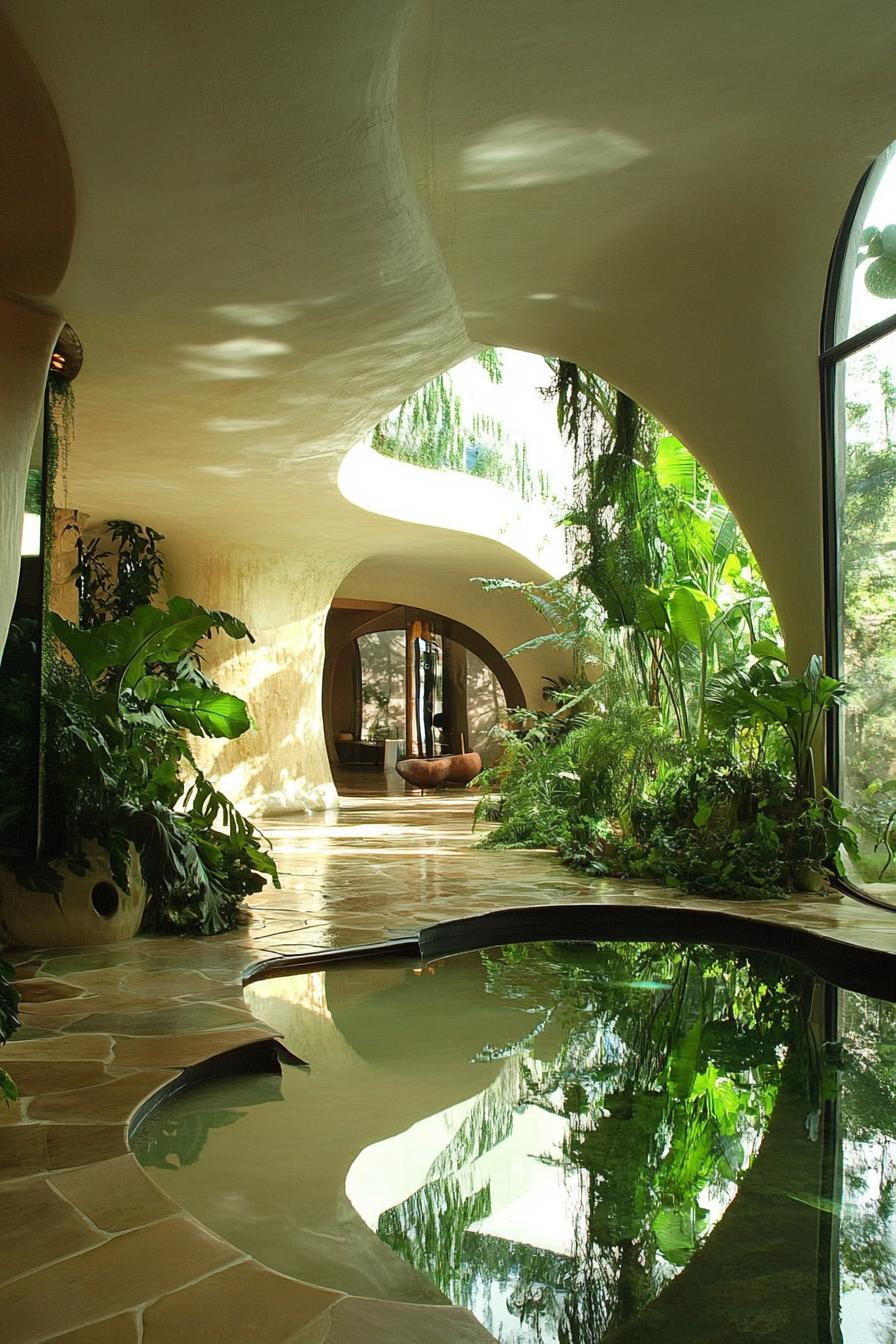 pond lined with lush greenery in an organic architecture Gaudi style house