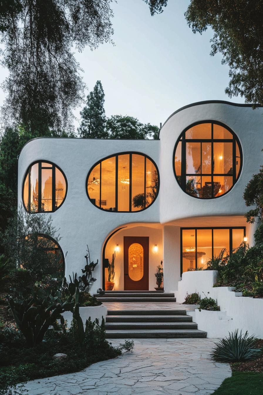 retro style modern house facade with rounded windows and doors 2