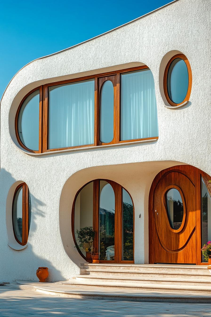 retro style modern house facade with rounded windows and doors