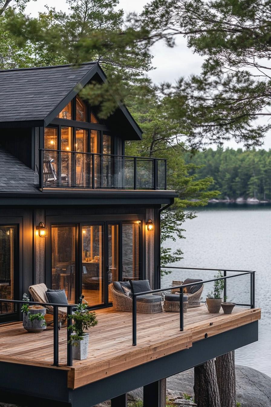 rustic modern lake house facade with wraparound timber porch stunning Scandinavian lake view 1