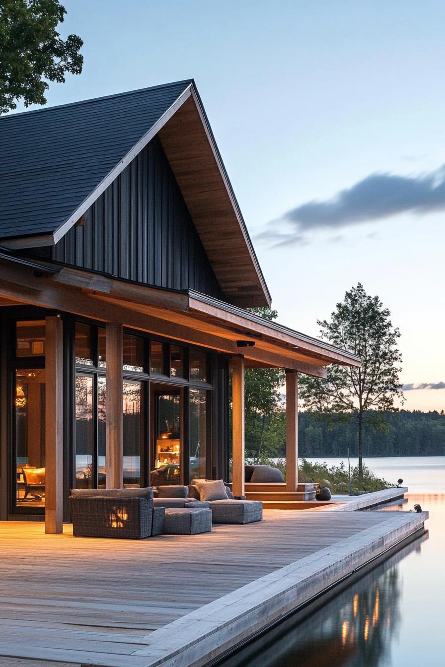 rustic modern lake house facade with wraparound timber porch stunning Scandinavian lake view 2