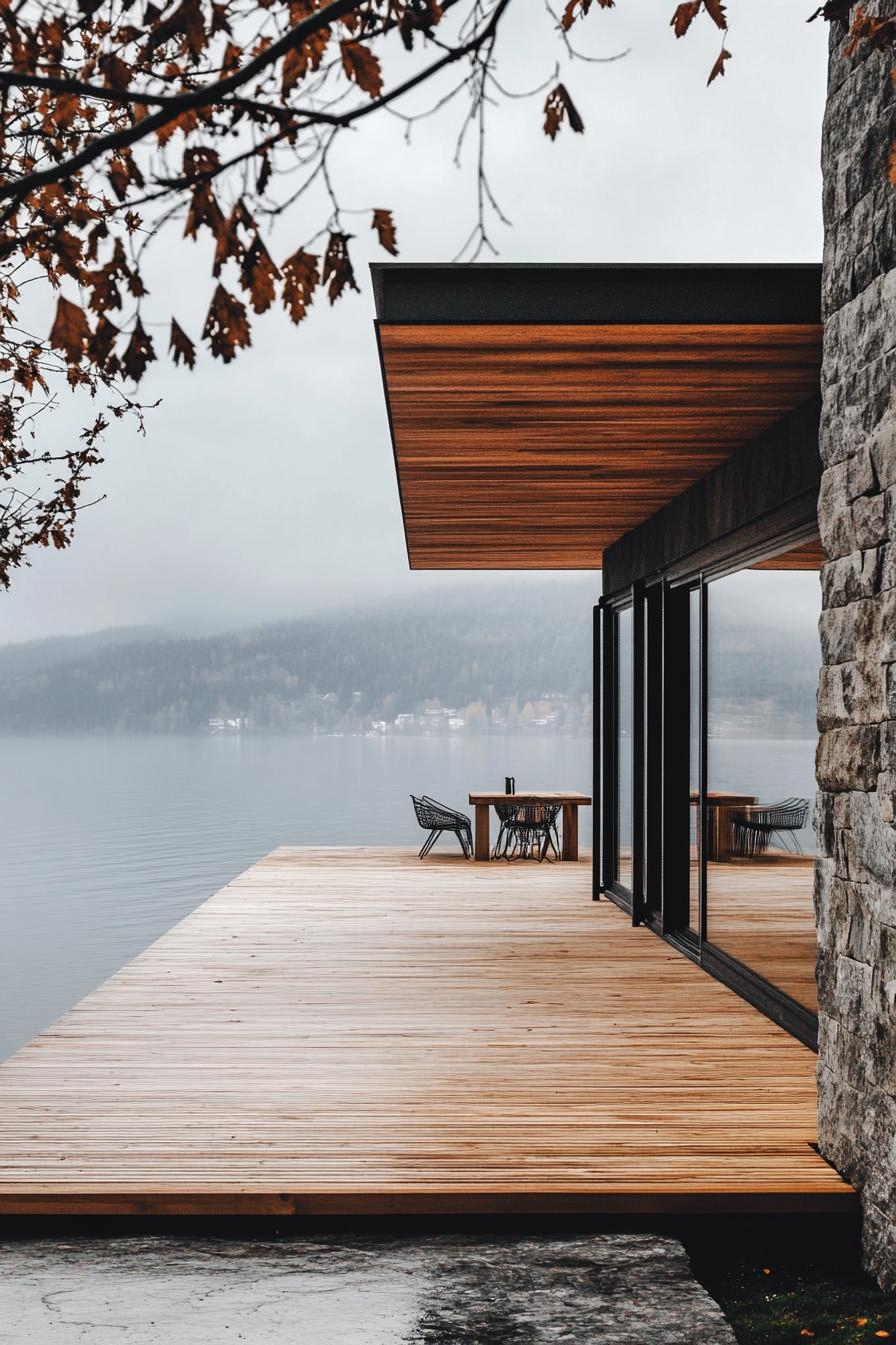 rustic modern lake house facade with wraparound timber porch stunning Scandinavian lake view 3