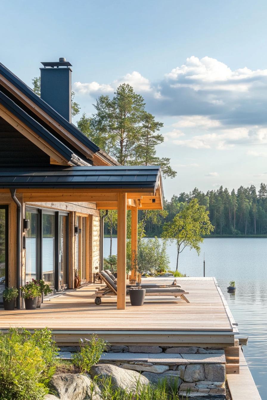 rustic modern lake house facade with wraparound timber porch stunning Scandinavian lake view